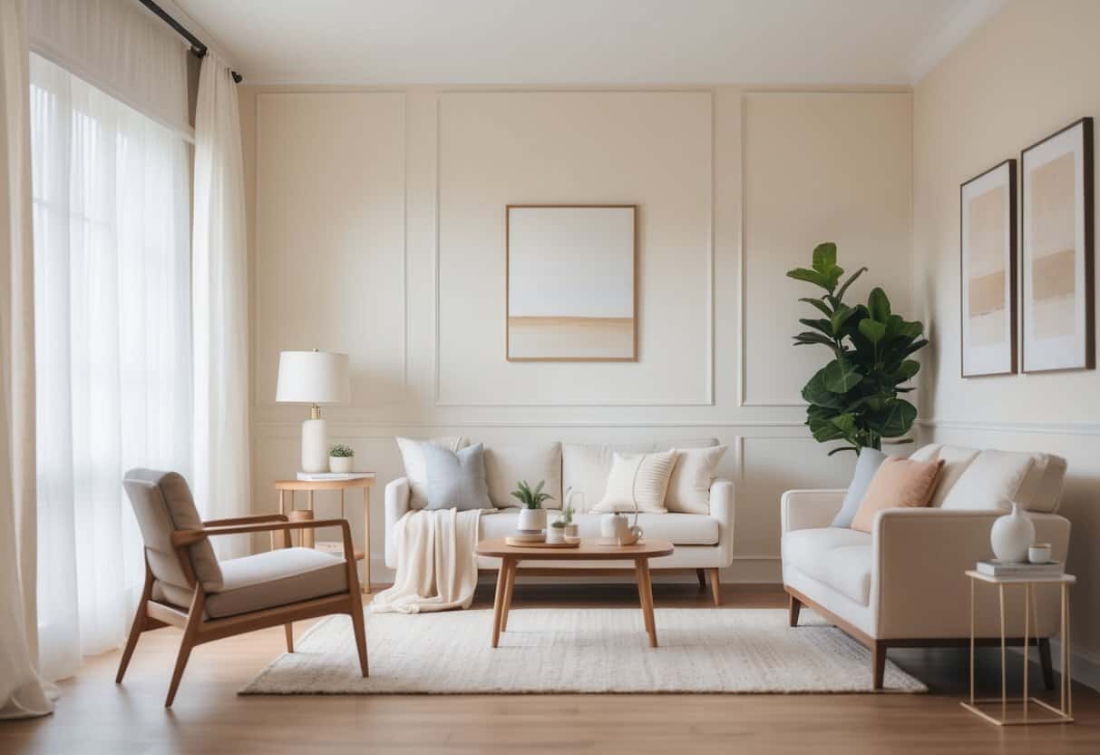 A bright living room with creamy off-white walls, modern furniture, and natural light coming through large windows.