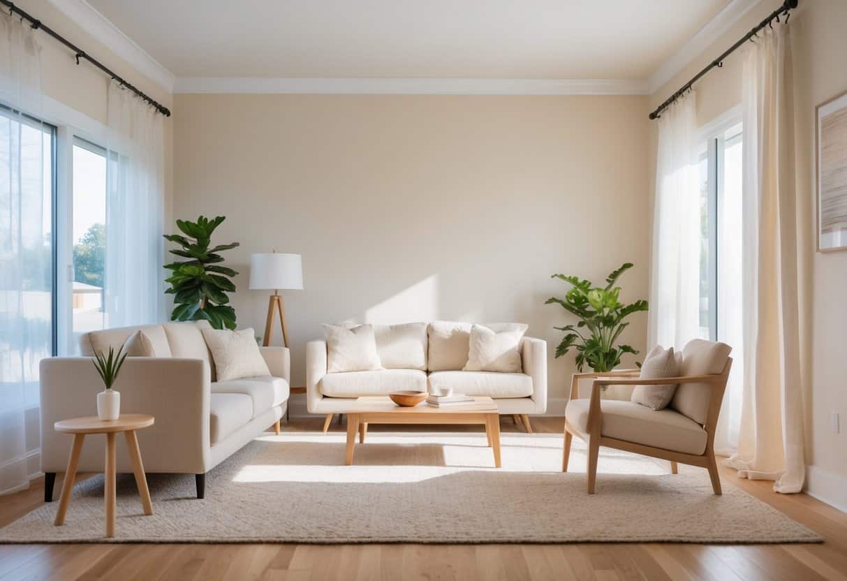 A modern living room with warm off-white walls, a beige sofa, wooden coffee table, and natural light coming through large windows.