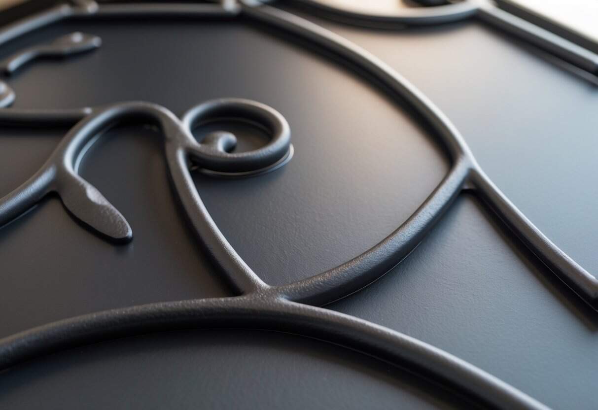 Close-up of a wrought iron surface painted in deep black with detailed texture and soft lighting.
