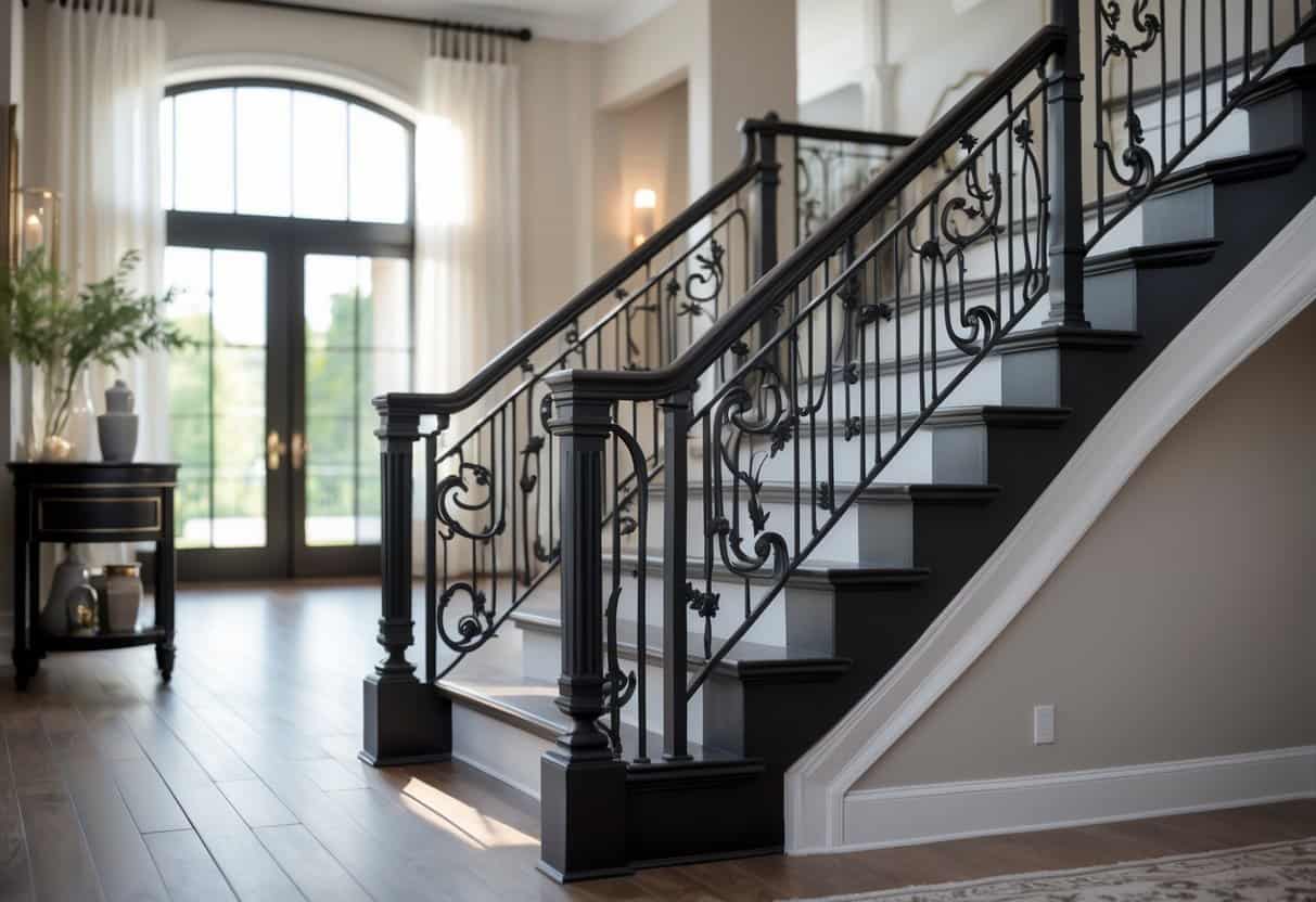 Interior space with a wrought iron staircase railing and natural light highlighting the design.