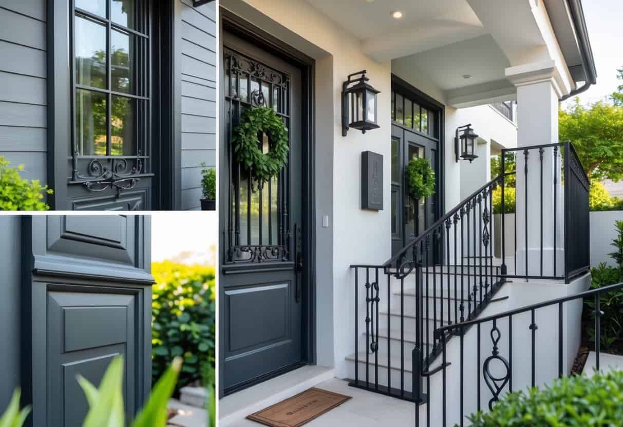 A modern home featuring wrought iron front door, balcony railing, and staircase railing painted in dark gray, surrounded by greenery and natural light.