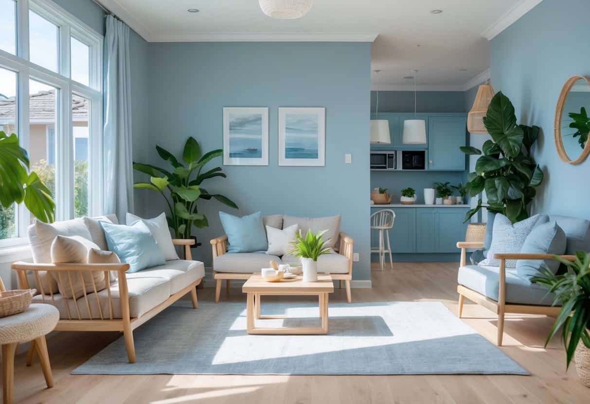 A modern, sunlit living room and adjacent spaces painted in a soft blue-gray color with comfortable furniture and green plants.