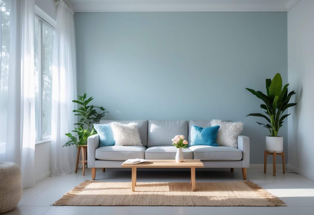 A bright living room with pale blue-gray walls, a light gray sofa, natural light from large windows, and simple decor including a plant and a wooden coffee table.
