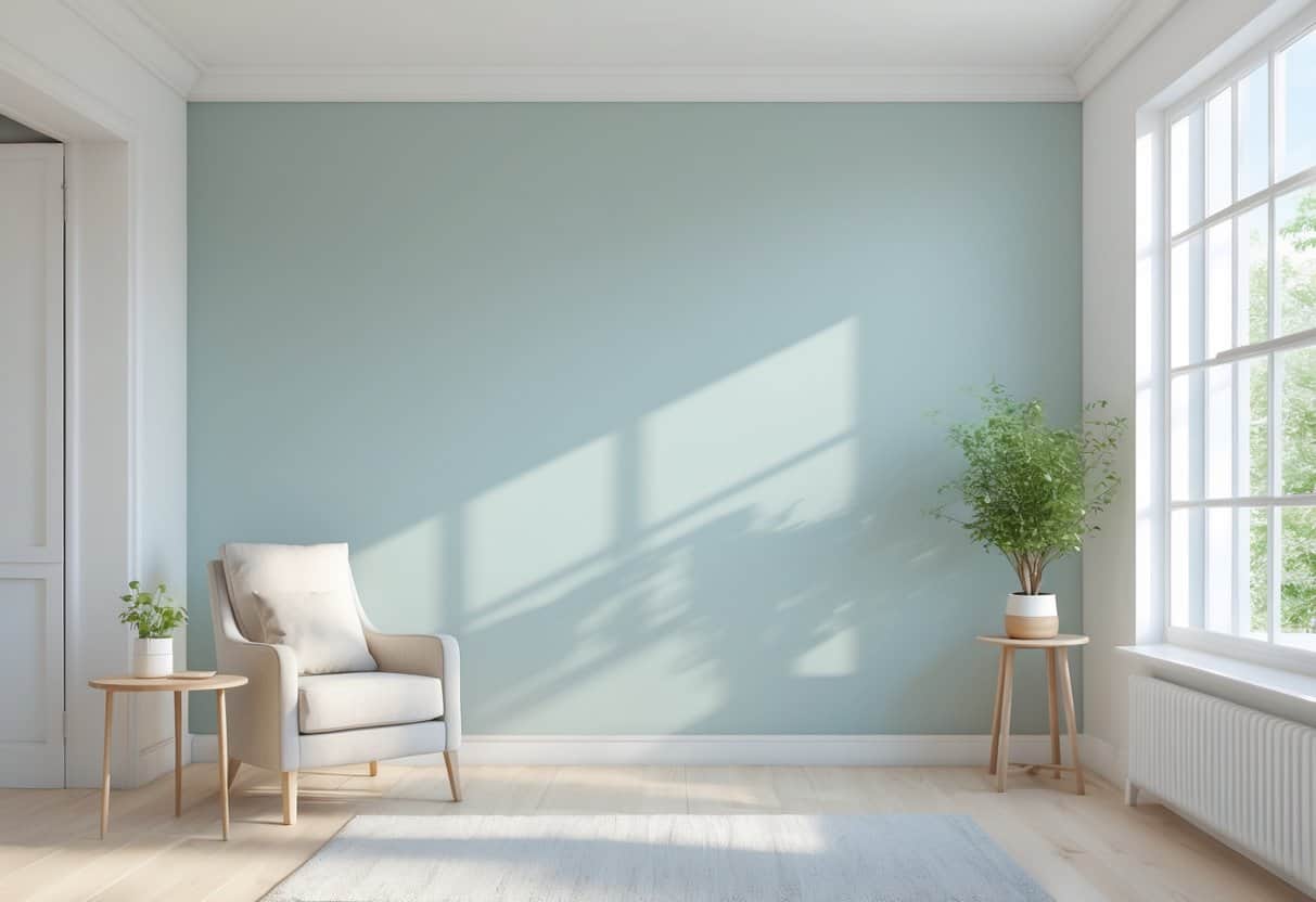 A bright room with a wall painted in a soft sea salt color, featuring natural light, a cozy armchair, a wooden side table with a plant, and light hardwood floors.