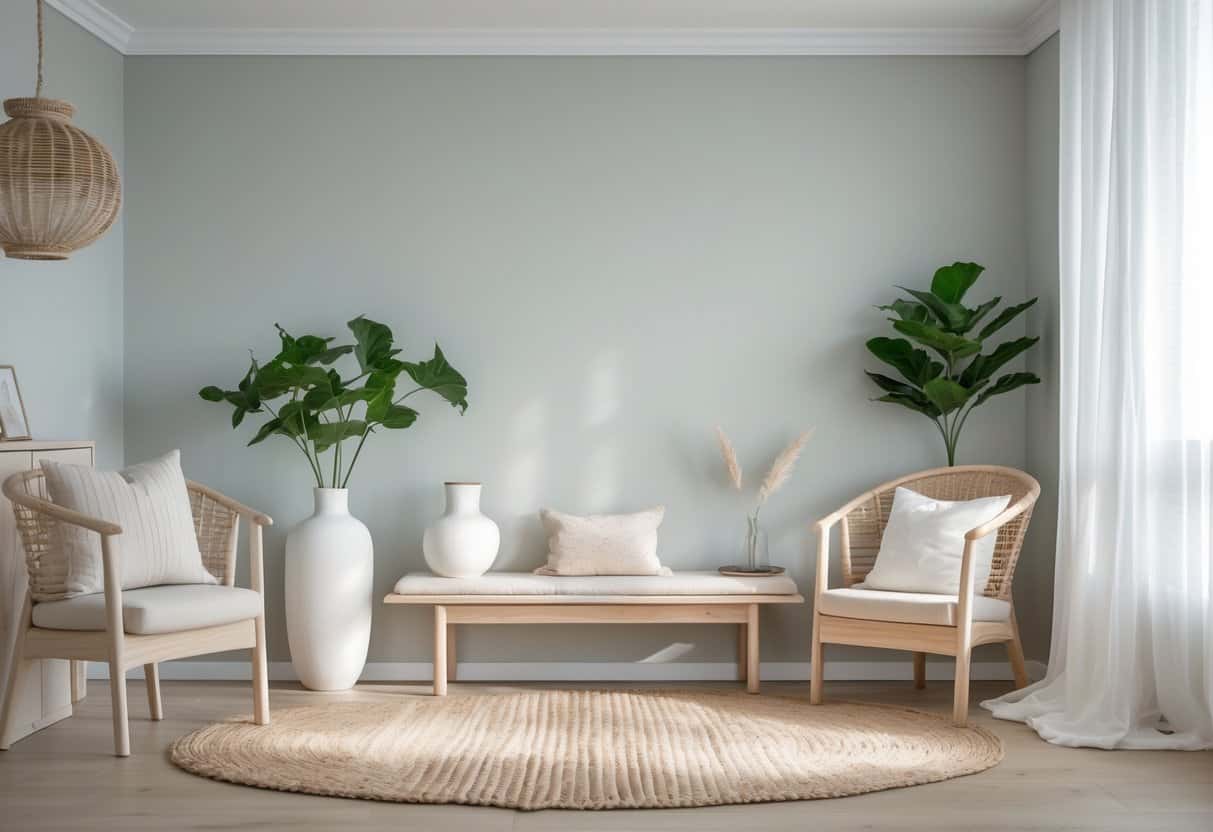 A bright room with sea salt colored walls, light wooden furniture, green plants in white vases, beige rugs, and sheer white curtains letting in natural light.