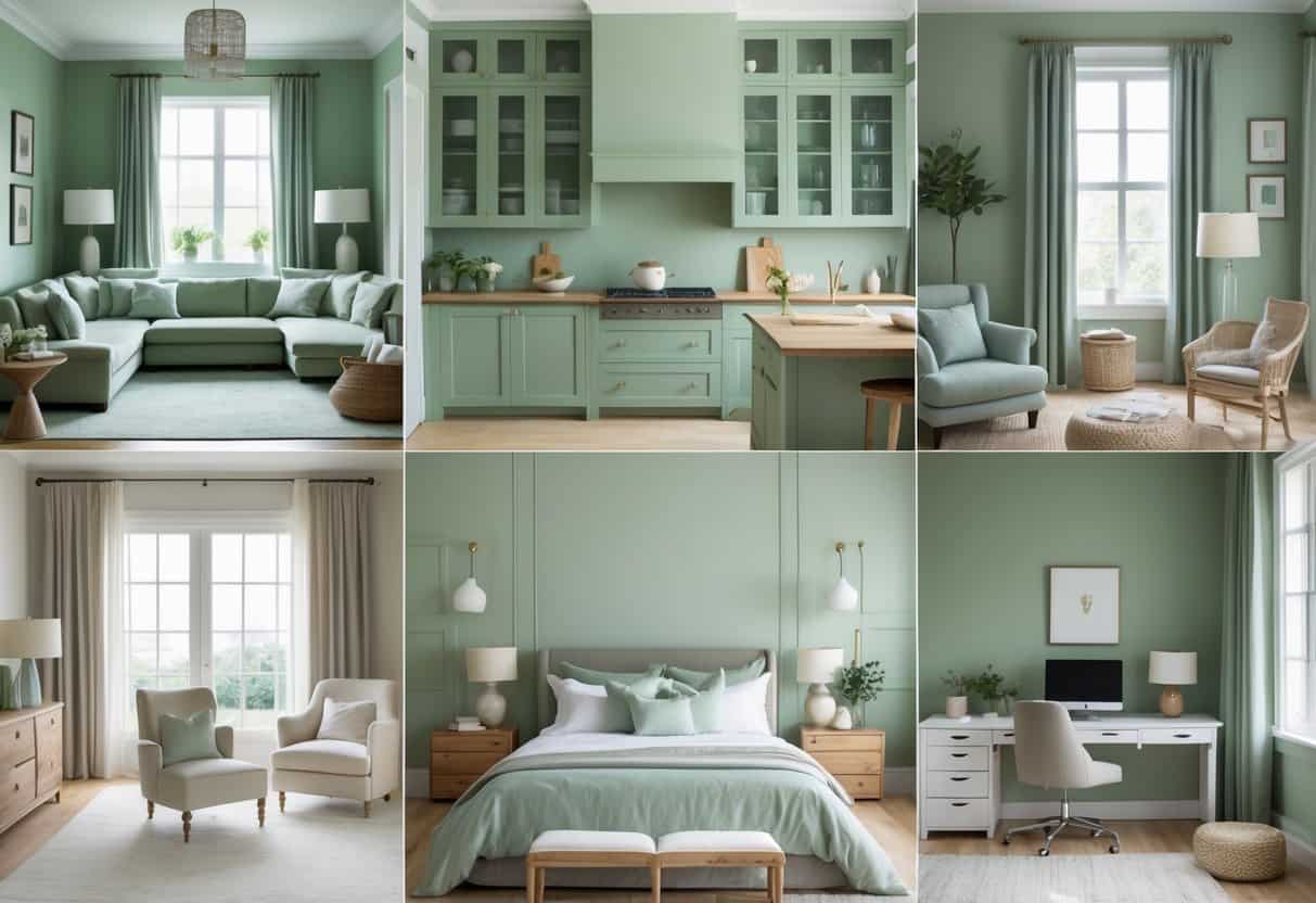 A gallery of different rooms featuring muted sage green walls, furniture, and decor, including a living room, kitchen, bedroom, and home office.