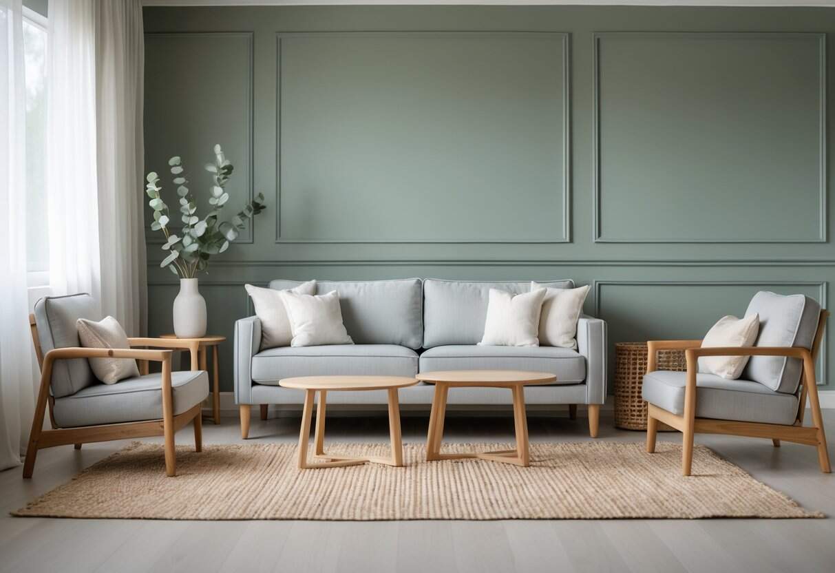 Living room with muted sage green wall, gray sofa, wooden coffee table, beige rug, and green plant on table.