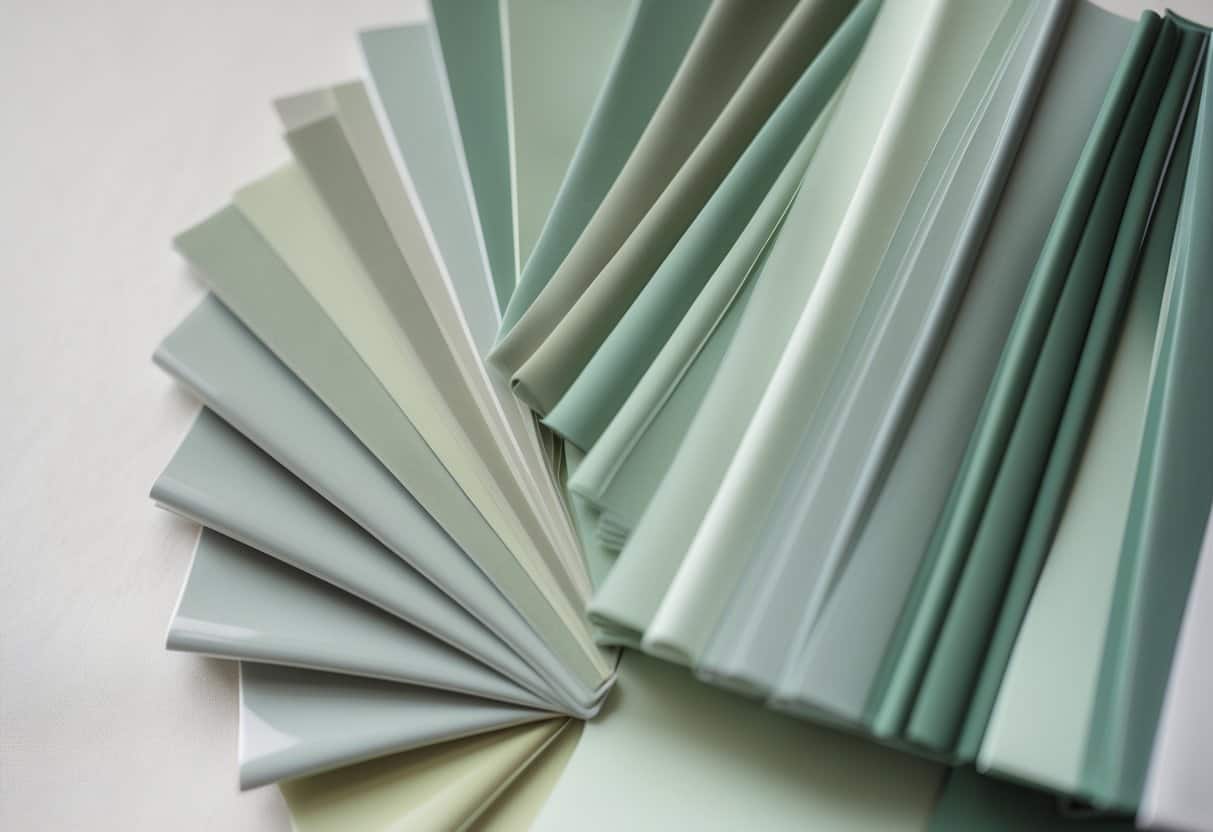 Close-up of several muted sage green color samples arranged side by side on a neutral background.