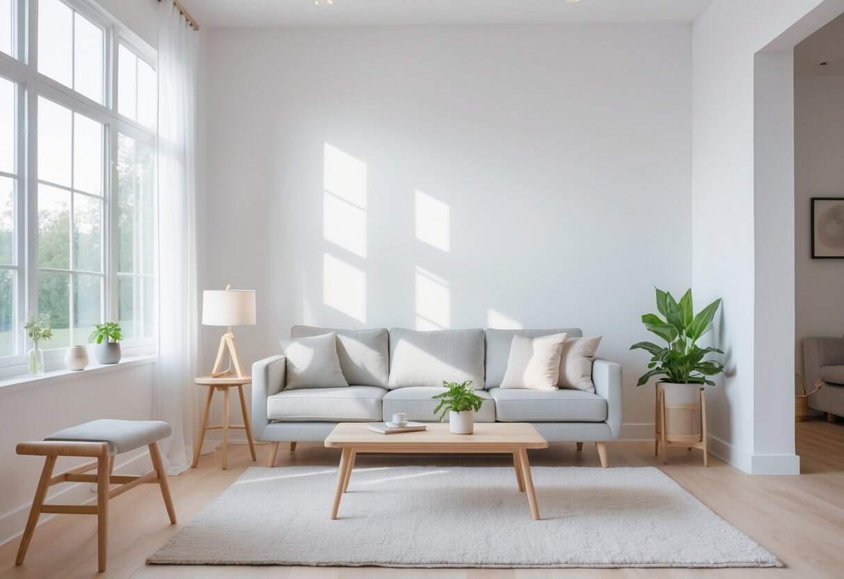 A bright living room with white painted walls, a gray sofa, wooden coffee table, and natural light coming through large windows.