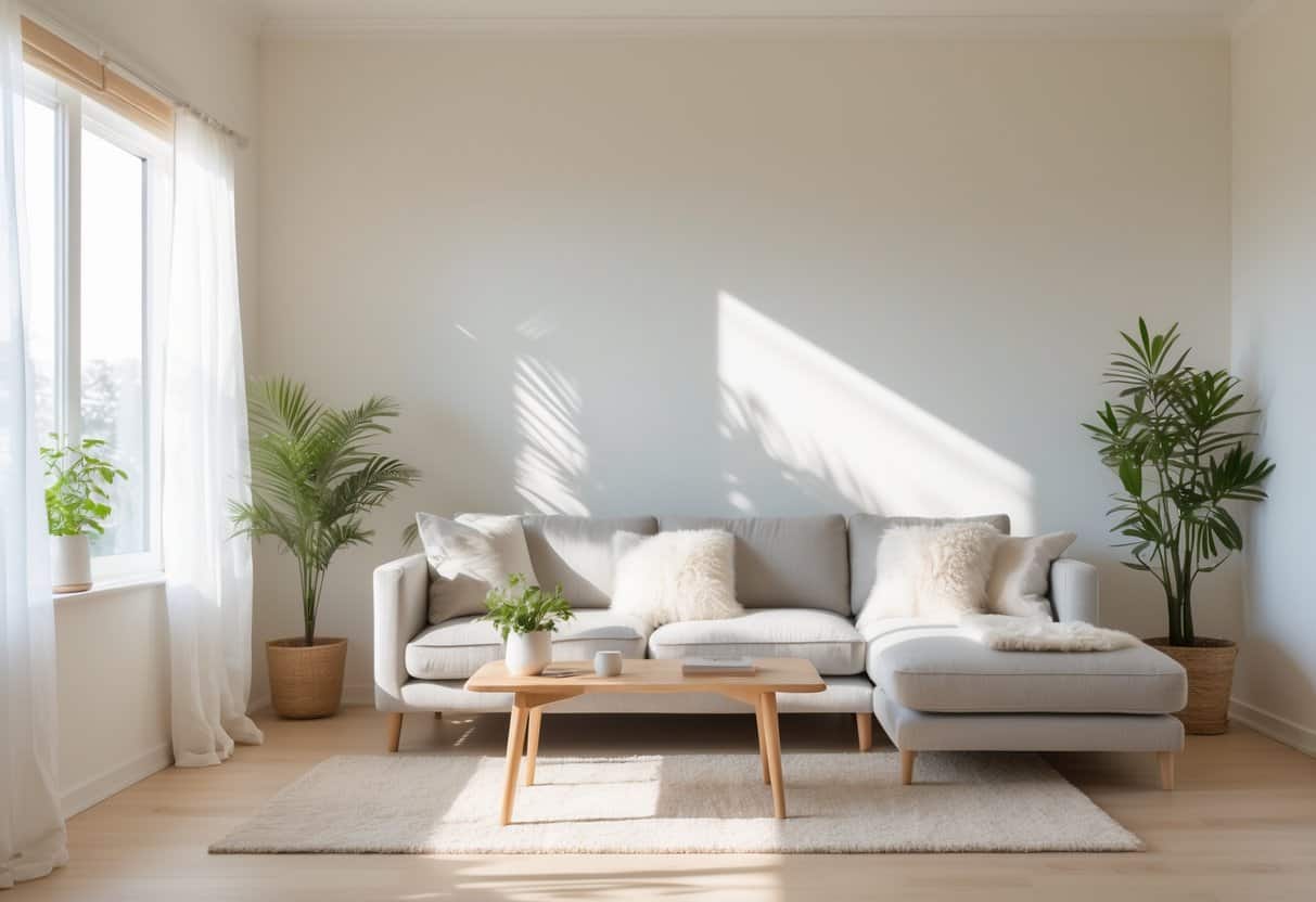 A bright living room with white walls, a gray sofa, wooden coffee table, green plants, and sunlight coming through large windows.