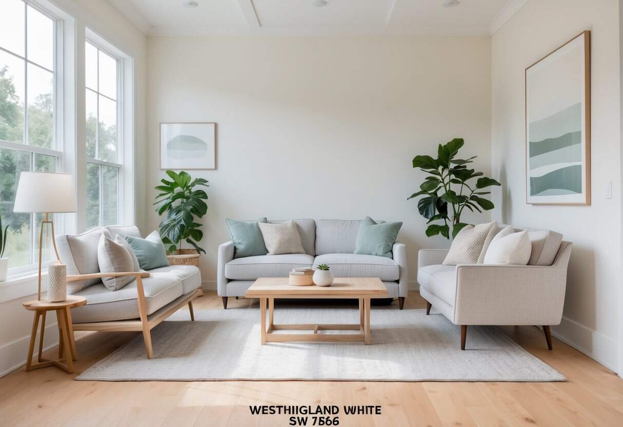 Bright and airy living room with off-white walls, light gray sofa, wooden coffee table, and plants.