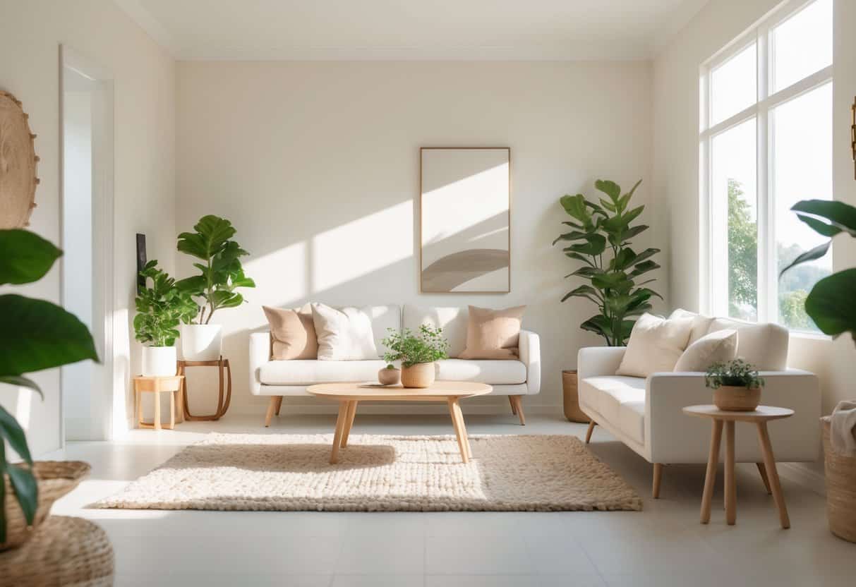 A bright living room with off-white walls, a sofa, wooden coffee table, plants, and natural light coming through large windows.