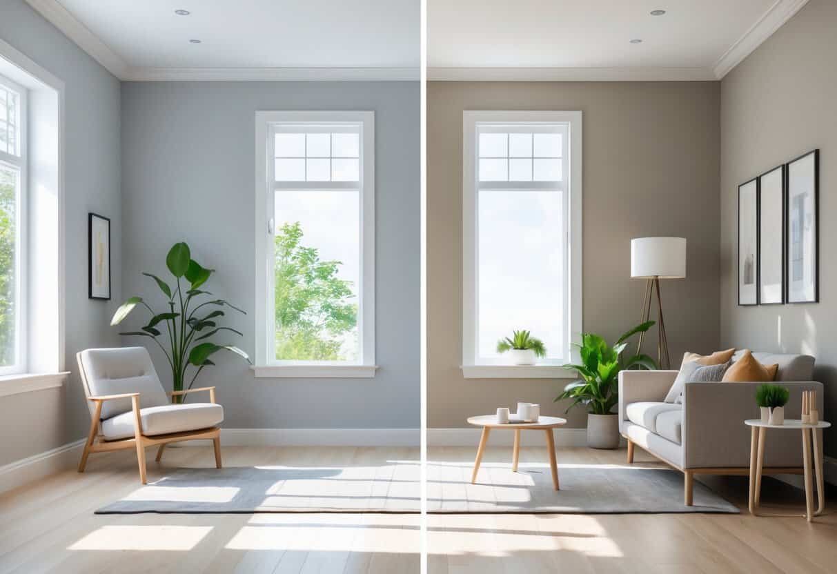 Two adjacent rooms side by side, each painted a different shade of gray with modern furniture and natural light coming through large windows.